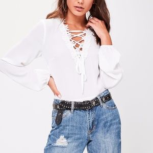 White Floral Long Sleeve Lace Up Bodysuit